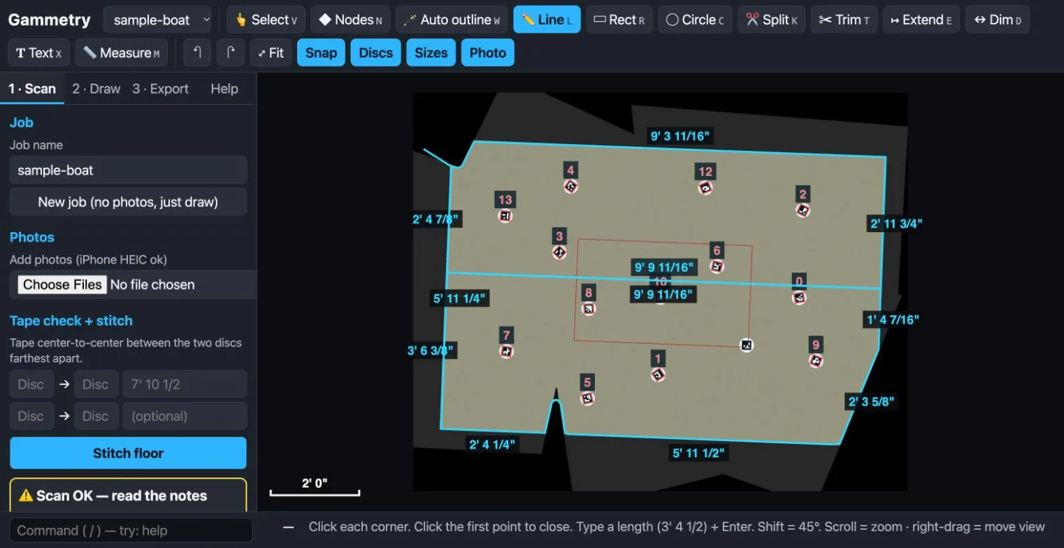 Gammetry showing a scanned boat floor with every edge measured in feet and inches